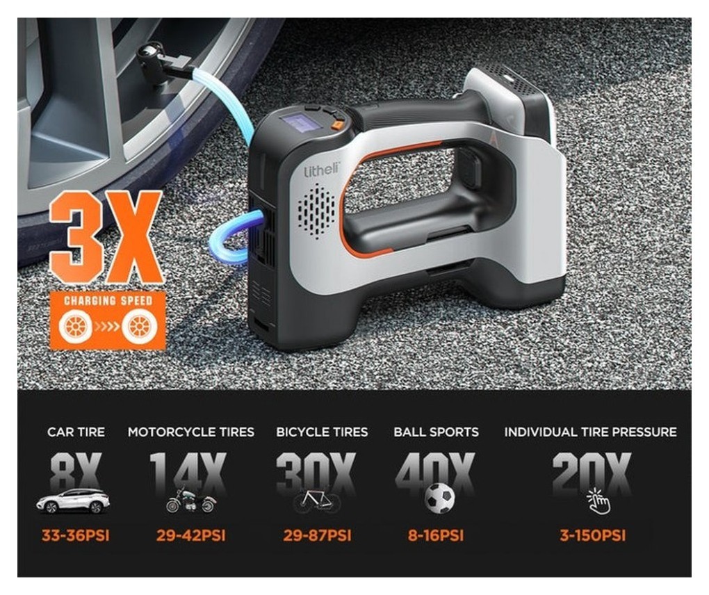 Акумуляторний компресор Litheli з ліхтарем, живлення від павербанку (УМБ Litheli Power Bank 20000 mAh, 45 W, 2А в комплекті), укр, укр