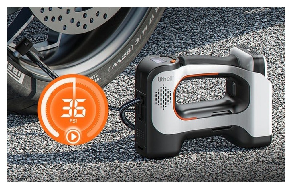 Акумуляторний компресор Litheli з ліхтарем, живлення від павербанку (УМБ Litheli Power Bank 20000 mAh, 45 W, 2А в комплекті), укр, укр