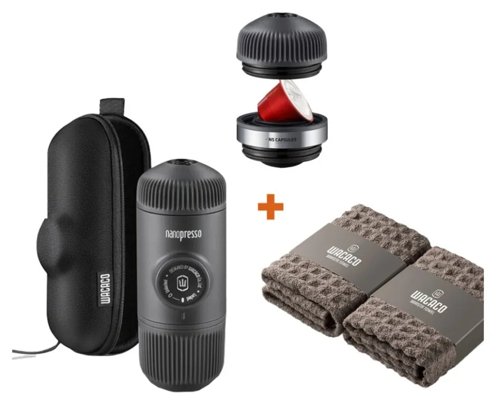 Набір Wacaco Nanopresso: кавоварка, адаптер для капсул та рушники бариста (FNR_NanopressoSet1)