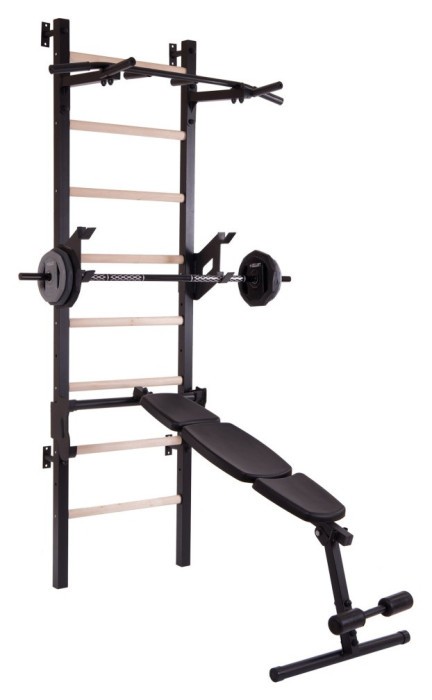 Шведська стінка-стійка з турником брусами та лавкою для преса та спини Master Wood PRO, сталь, дерево, укр, укр