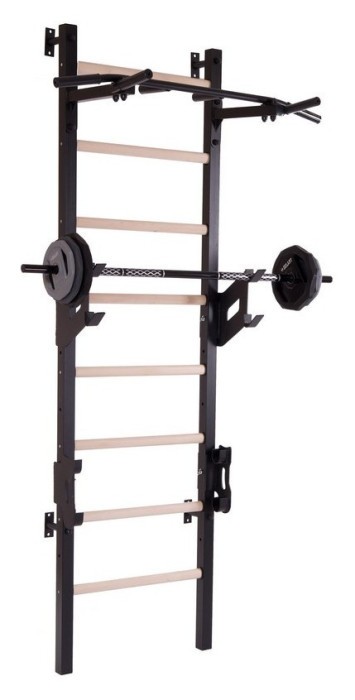 Шведська стінка-стійка з турником брусами та лавкою для преса та спини Master Wood PRO, сталь, дерево