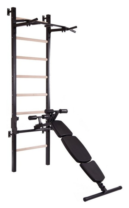 Шведська стінка-стійка з турником брусами та лавкою для преса та спини Master Wood PRO, сталь, дерево