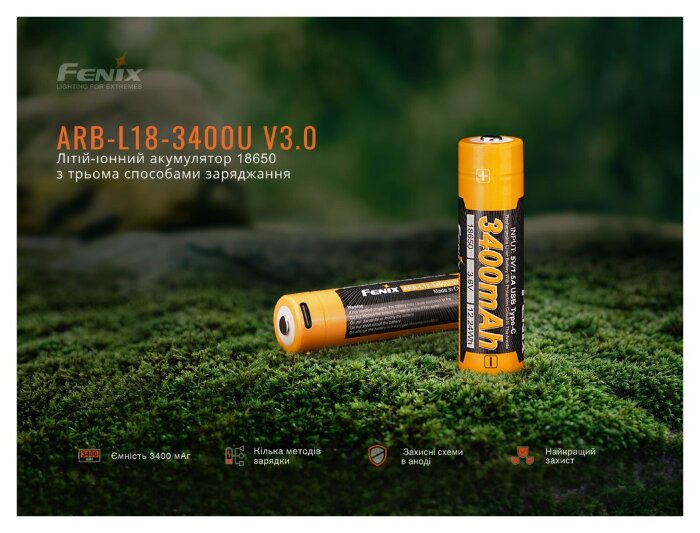 Акумулятор 18650 Fenix (3400 mAh) Type-C V3.0, укр, укр