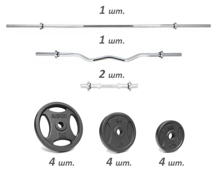 Наборные металлические штанги и гантели 50 кг, 4 грифа + диски RN-Sport