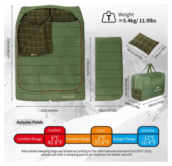 Спальный мешок двухместный с подушками Naturehike CNK2350WS019, зеленый