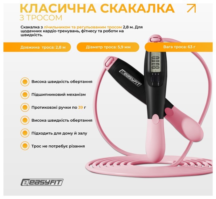 Скакалка для схуднення EasyFit TwinRope 2,8 м чорний-рожевий