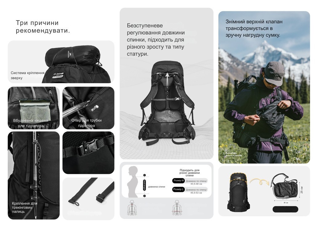 Рюкзак туристический Naturehike Helium CNK2450XB014, 70 л, черный, M