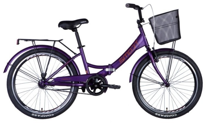 Велосипед ST 24" Formula SMART тормозная рама- " с багажником задн St с корзиной Pl с крылом St 2024 (фиолетовый (м))
