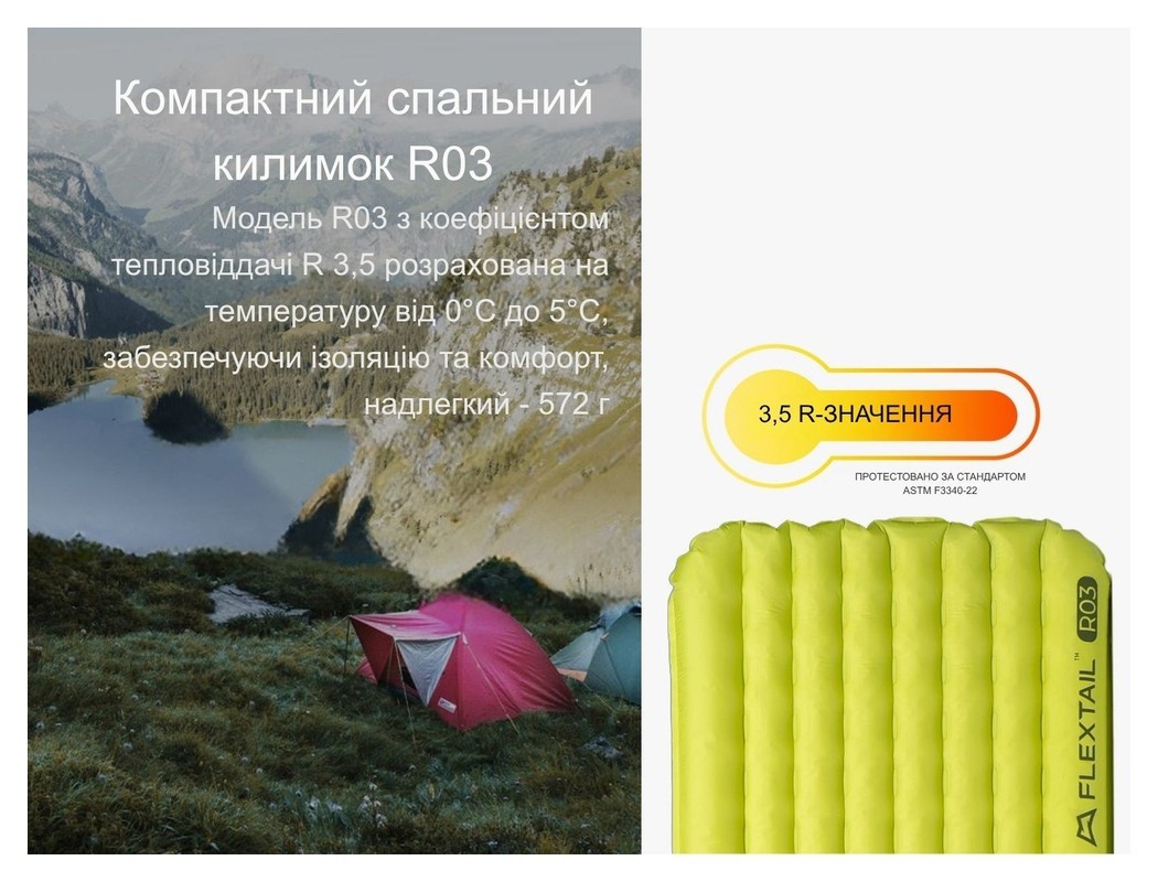 Килимок самонадувний Flextail Tiny Slleeping Pad, R03 AVS, розмір L (196 х 65 х 7 см), зелений, укр, укр