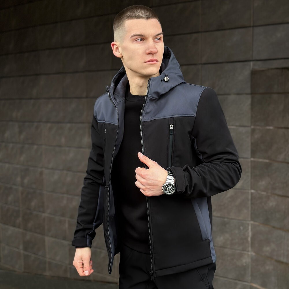 Чорно-сіра демісезонна чоловіча куртка S з капюшоном Pobedov Setup, укр, укр