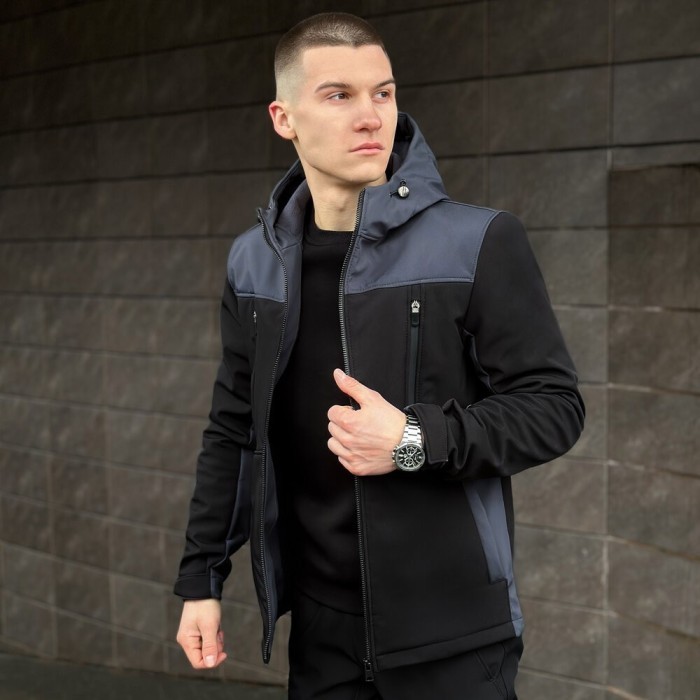 Чорно-сіра демісезонна чоловіча куртка S з капюшоном Pobedov Setup, укр, укр