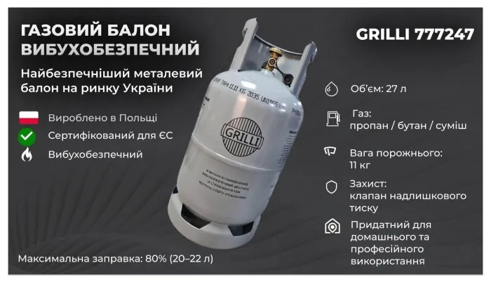 Газовий балон, вибухобезпечний 11кг, 27л. GRILLI 777724