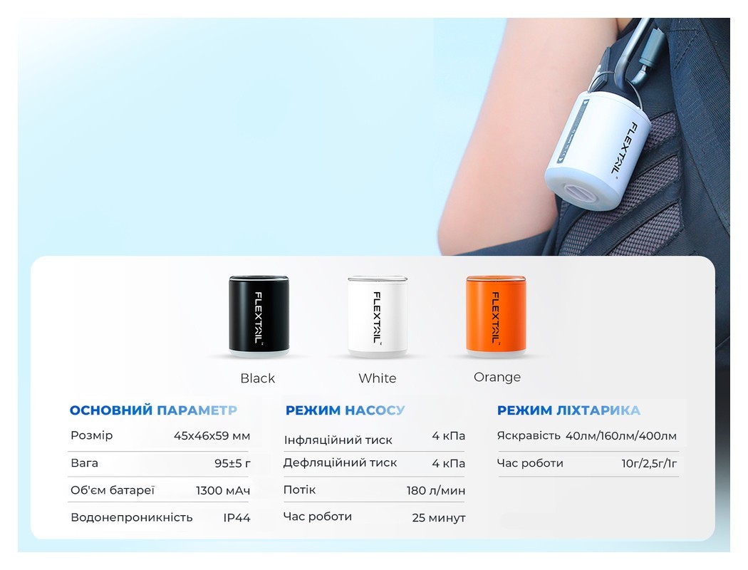 Насос-ліхтар кемпінговий Flextail Tiny Pump 2X, чорний, укр, укр