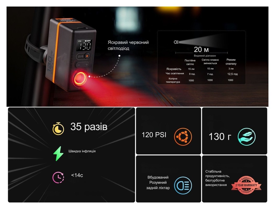 Велосипедний міні насос-задня фара Flextail Tiny Tire Pump ACS, чорний, укр, укр