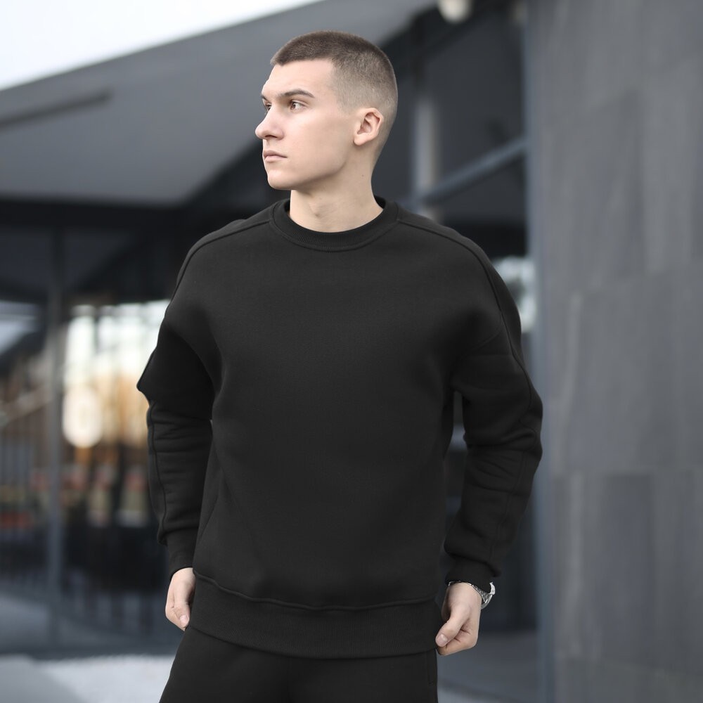 Оверсайз свитшот черный мужской осень зима Pobedov Hubble. Оверсайз кофта черная