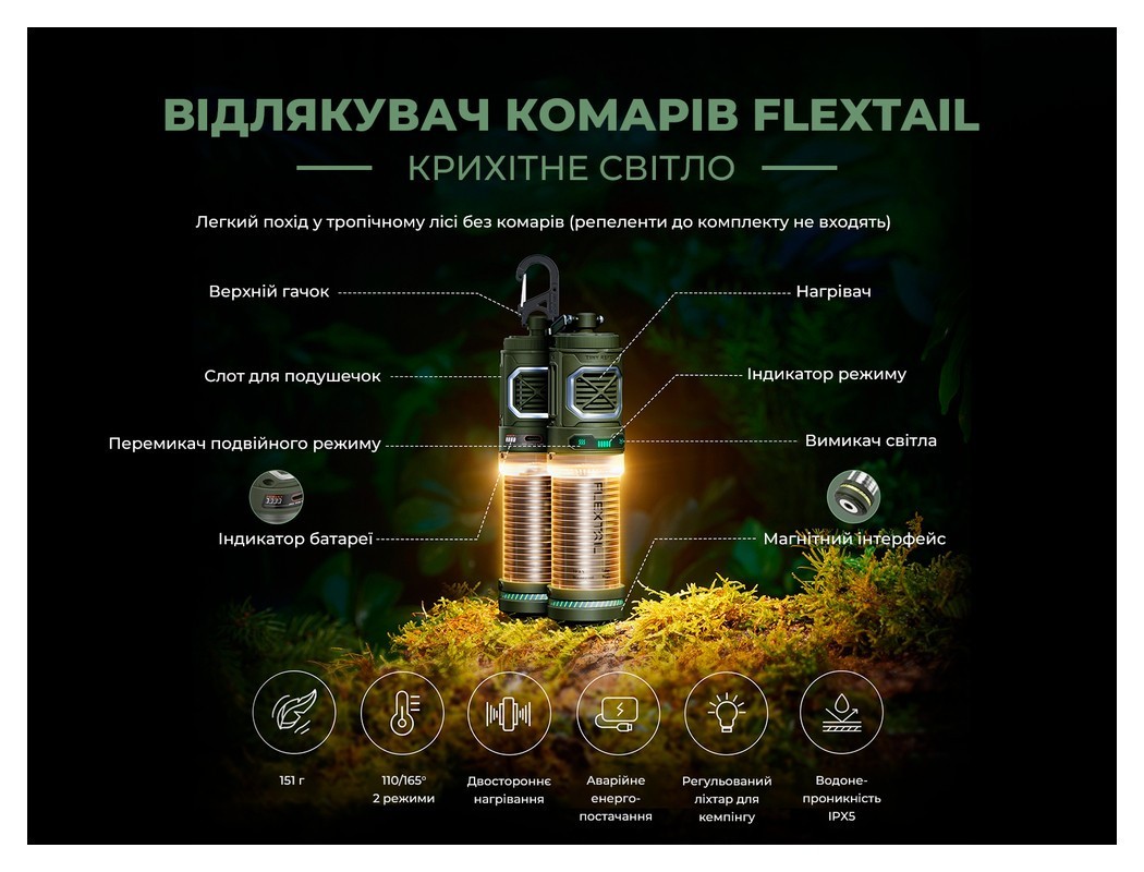 Фумігатор-ліхтар кемпінговий Flextail Tiny Repel S, зелений, укр, укр