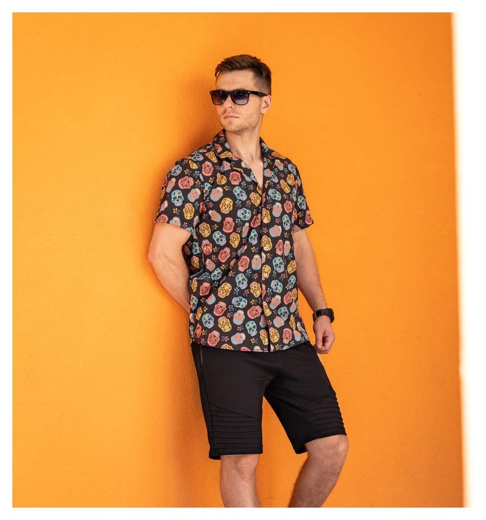 Чоловіча сорочка з коротким рукавом чорна Pobedov Kolorovi cherepy, укр, укр