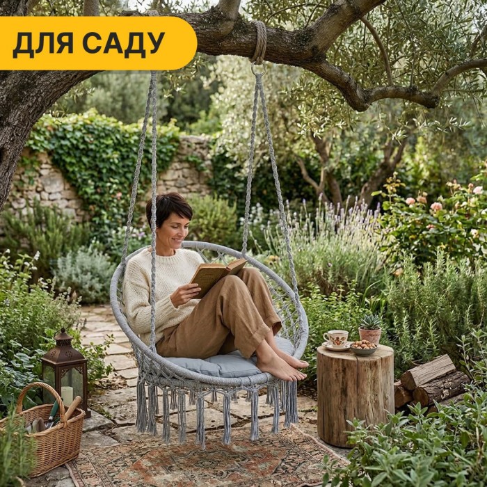 Підвісне плетене крісло-гойдалка LEOBRO Boho XL 80 см Grey з подушкою (LB-1107)
