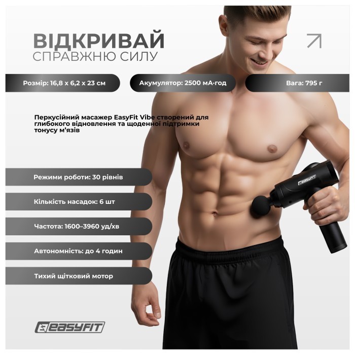 Перкусійний масажер для спини EasyFit Vibe 6 насадок, 30 режимів