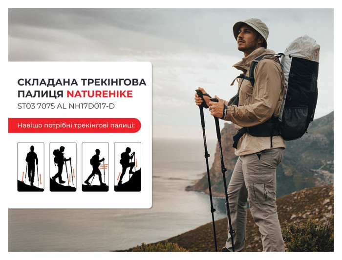Трекінгова палиця 3-сек. Naturehike ST 03 7075 AL NH17D017-D, сірий