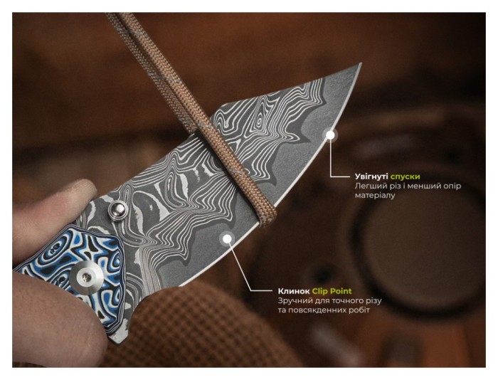 Ніж складаний туристичний Civivi Pentad (8.8 см) Damascus / Micarta синій/білий