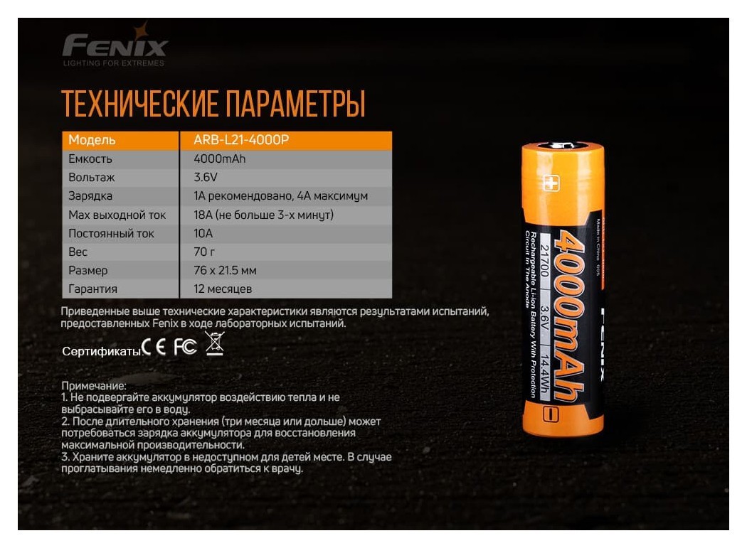 Акумулятор 21700 Fenix (4000 mAh), укр, укр
