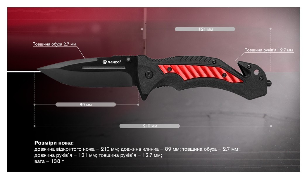 Ніж складаний Ganzo G628-RD червоний, укр, укр