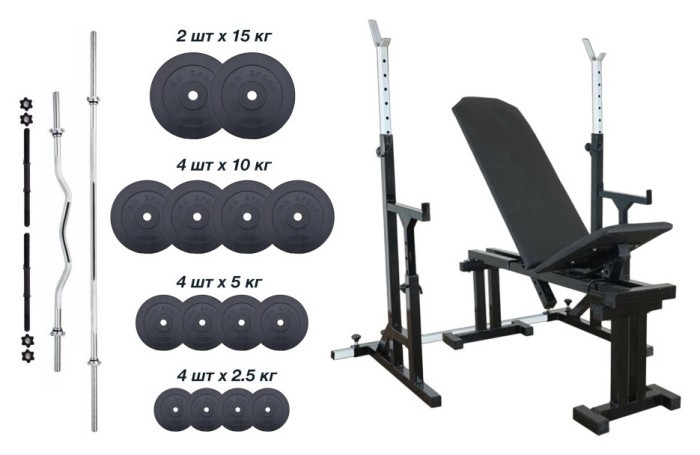 RN-Sport UM 0100. Скамейка для жима, стойки для приседаний + 100 кг блинов и 4 грифа.
