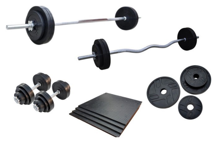 Дві штанги + дві гантелі + Подарунок. Набір металевих гумових дисків 77 кг + 4 хромовані грифи
