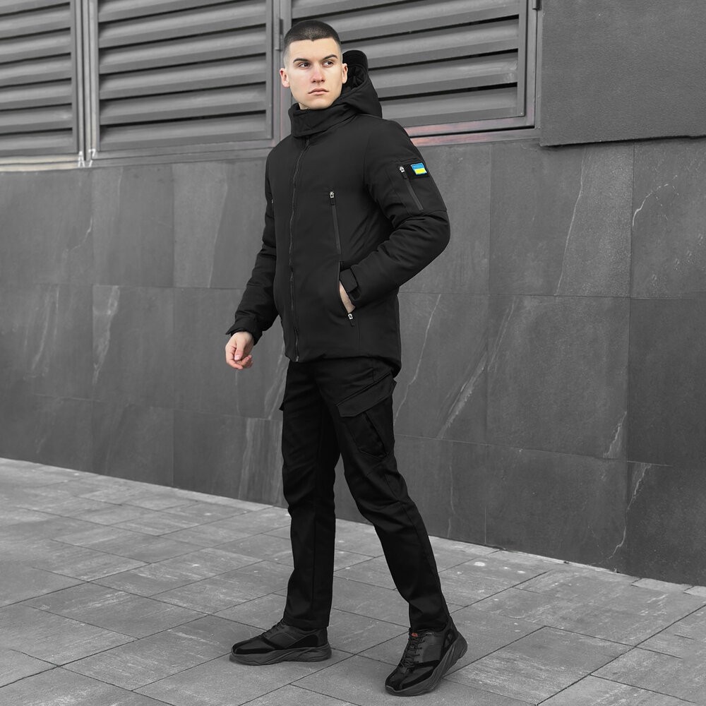 Черная мужская зимняя Куртка с капюшоном Pobedov Winter Jacket Motive ЗИМА В2