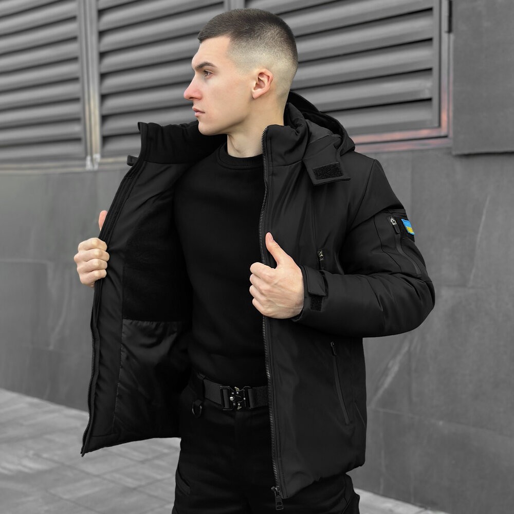 Черная мужская зимняя Куртка с капюшоном Pobedov Winter Jacket Motive ЗИМА В2