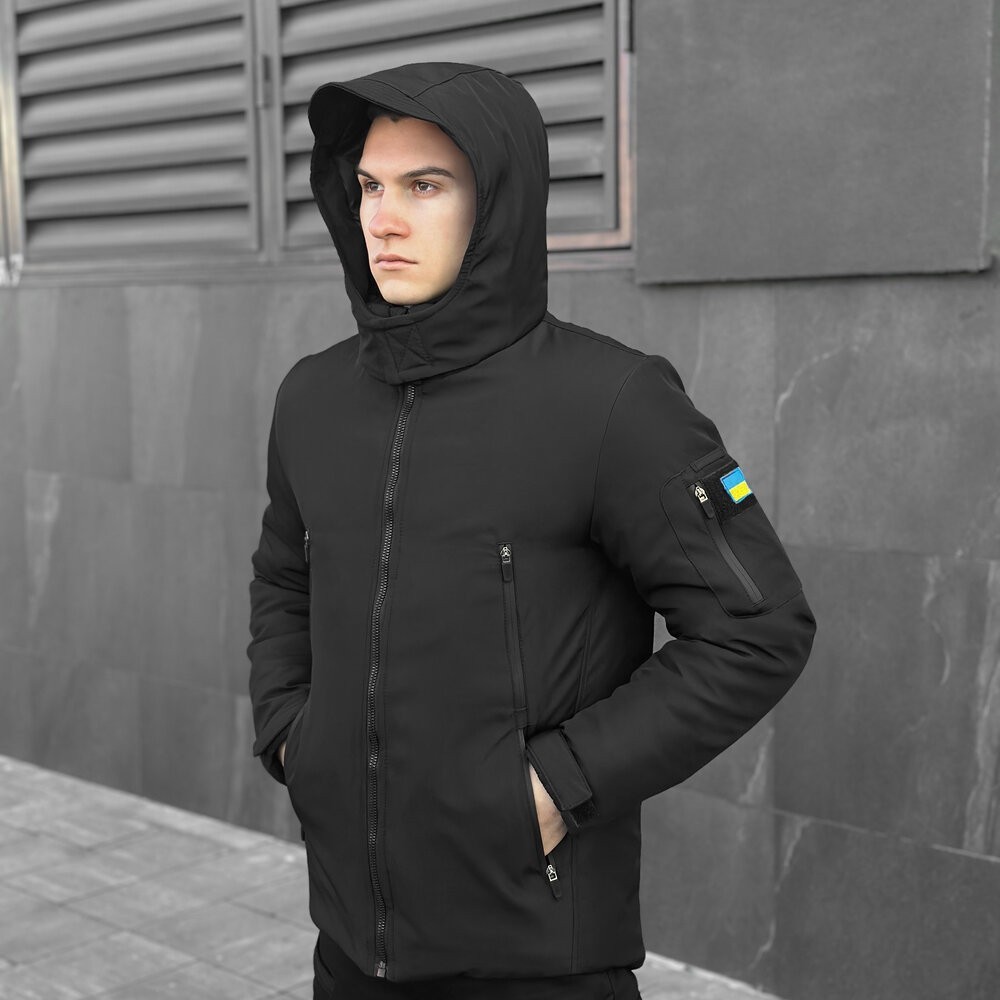 Черная мужская зимняя Куртка с капюшоном Pobedov Winter Jacket Motive ЗИМА В2