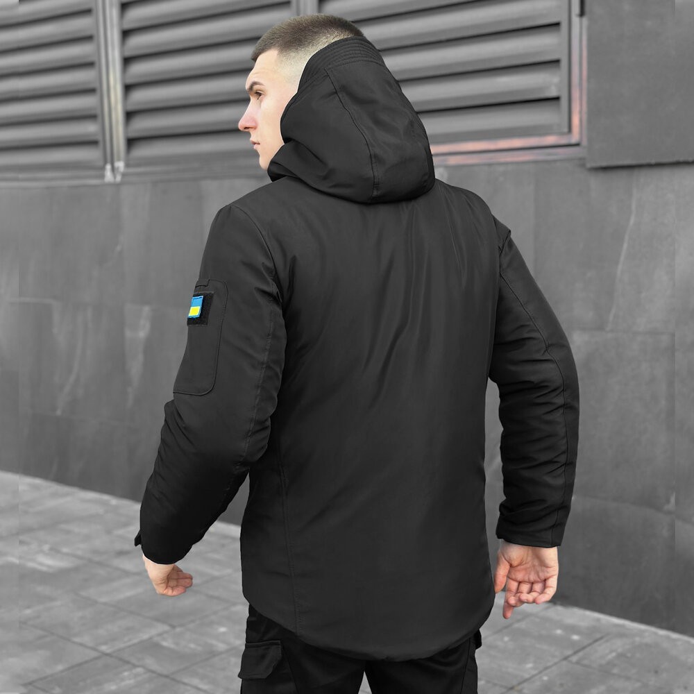 Черная мужская зимняя Куртка с капюшоном Pobedov Winter Jacket Motive ЗИМА В2