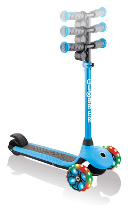 Електросамокат GLOBBER серії E-MOTION 4 блакитний, колеса з підсвіткою, 50кг, 6+, 3 колеса