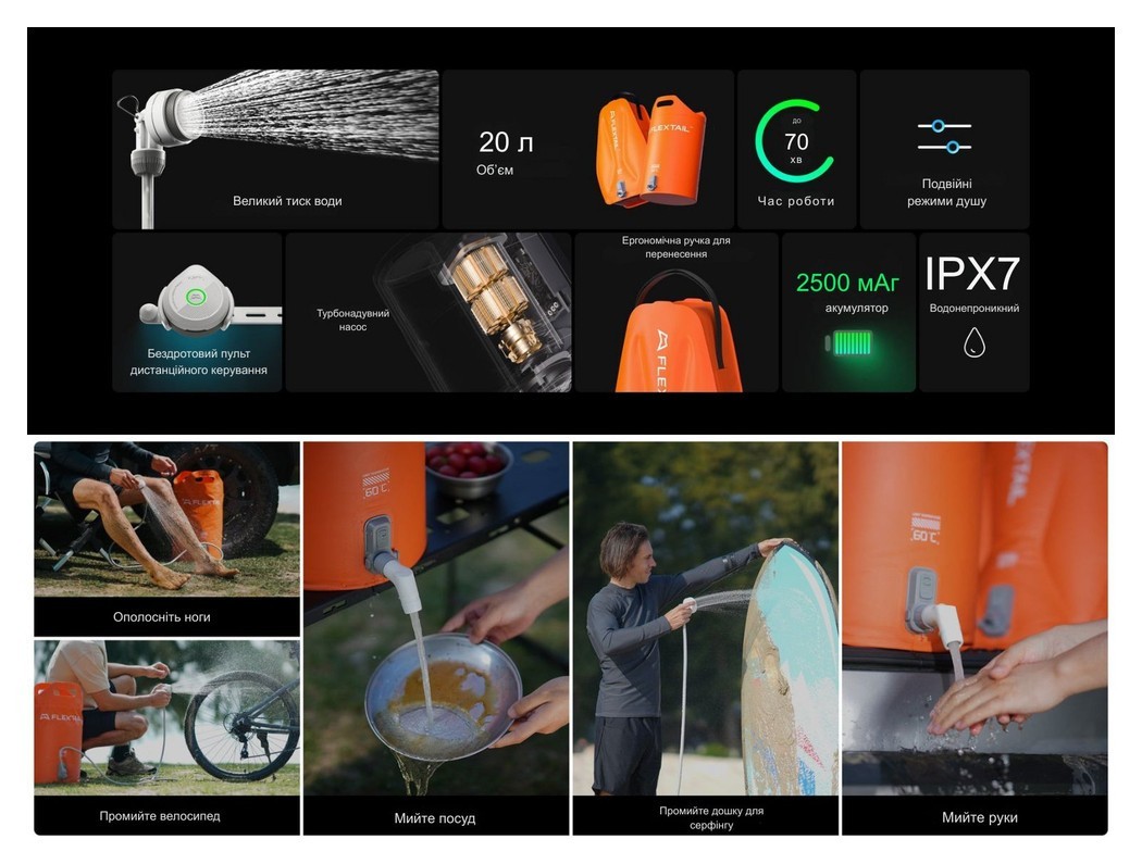 Душ портативний із ємністю та насосом Flextail Tiny Shower Bag, 20л, помаранчевий, укр, укр