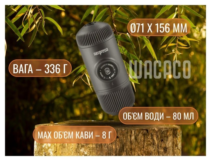 Портативна еспресо-кавоварка Wacaco Nanopresso блакитна з чохлом, механічна, для меленої кави, укр, укр
