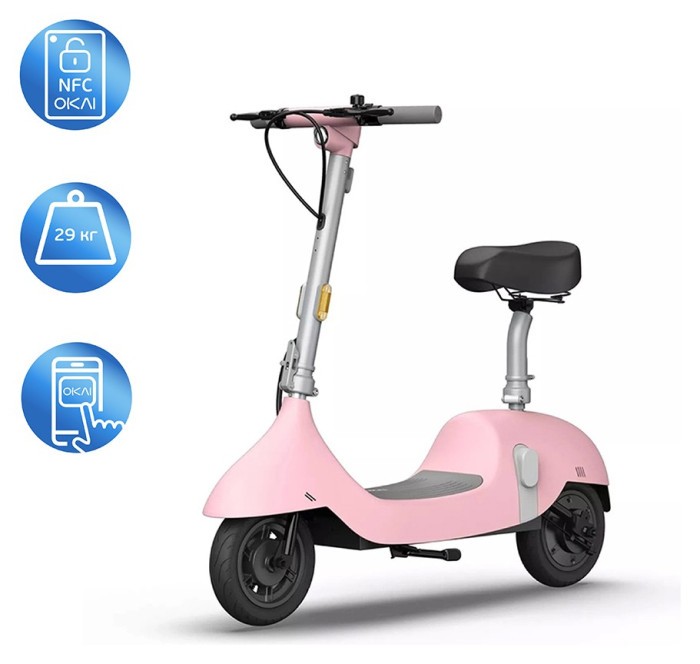 Електросамокат з сидінням OKAI Ceetle PRO EA10C Pink 10', 350(900)W, 25Km/h, 10.4Ah, 55Km, 20%, NFC, App.29kg
