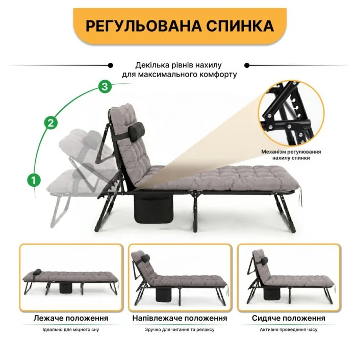 Розкладне ліжко (розкладачка) з матрацом і подушкою LEOBRO Grey (LB-FB-A1-GRY)