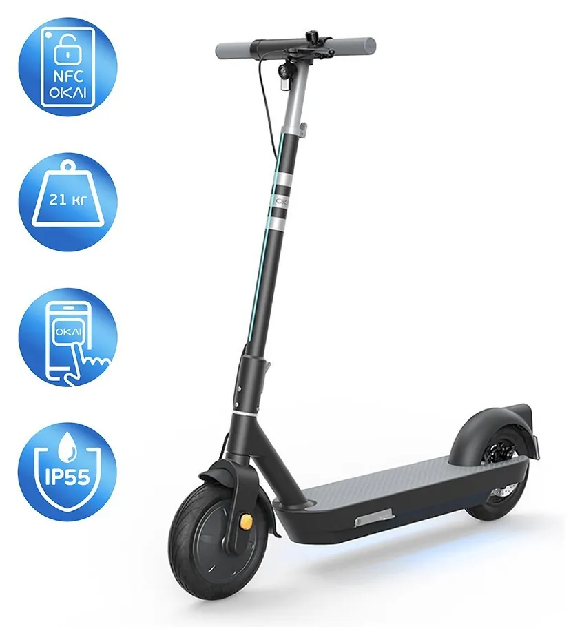 Електросамокат OKAI ES30-NEON PRO Black 10", 350(700)W, 14.7Ah, 80km, 25km\h, 25%, NFC, App, 21kg (KOS_ES30-B)