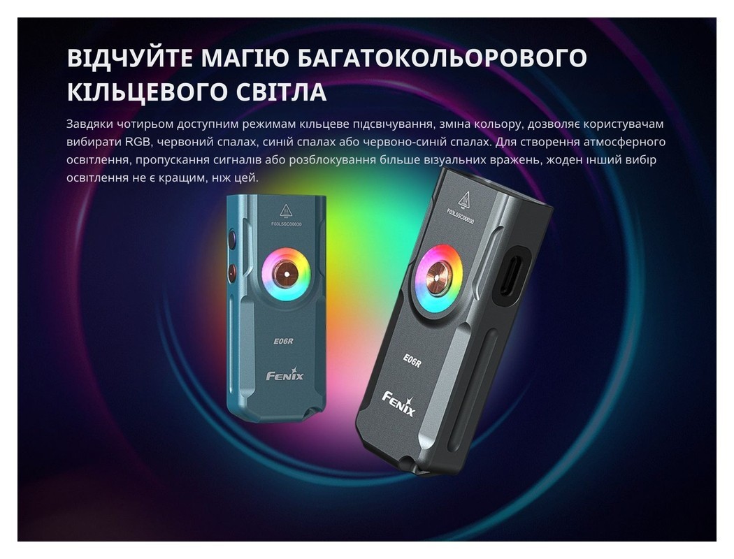 Ліхтар наключний Fenix E06R сірий, укр, укр