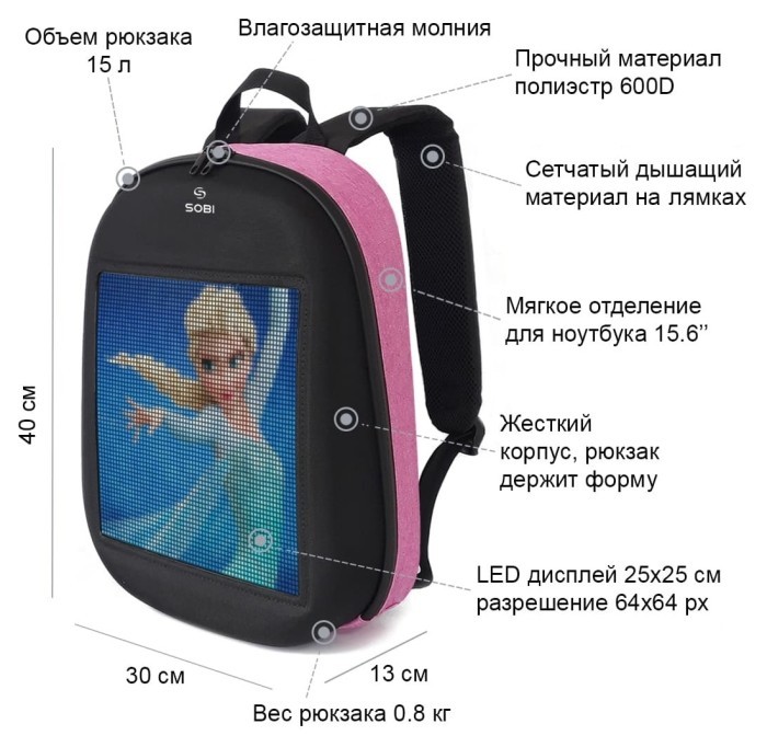 Рюкзак Sobi Pixel SB9702 Pink із LED екраном