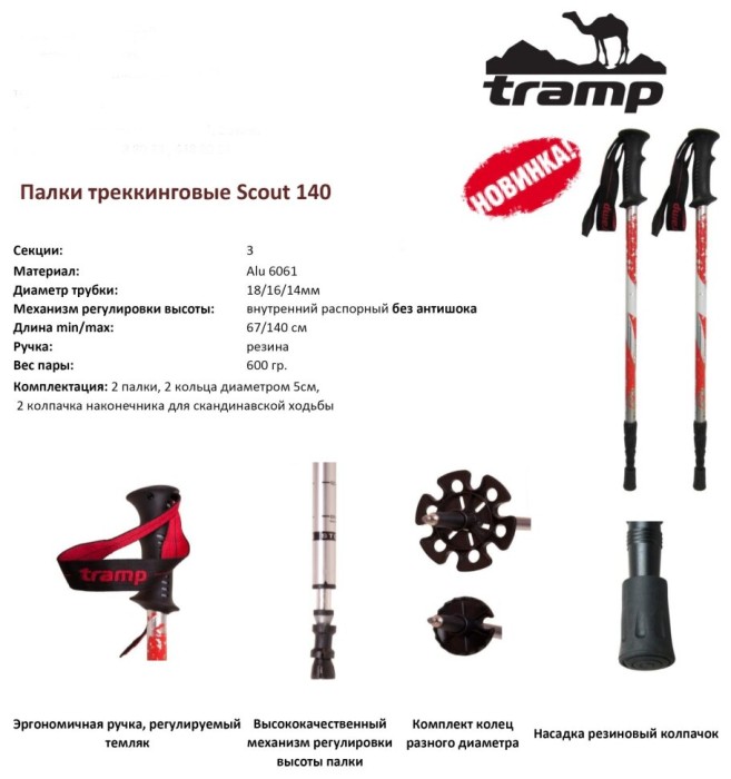 Трекінгові палиці Tramp Scout 140 Alu 6061 червоні (пара)