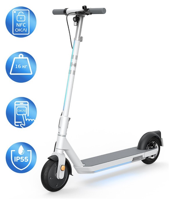 Електросамокат OKAI ES20-NEON White 9", 300(600)W, 9.8Ah, 40km, 25km\h, 20%, NFC, App, 16kg