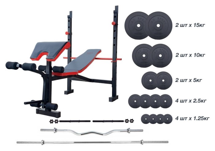ТОП! Скамейка для жима ReadMeBlack + Штанга 83 кг, гриф W, гантели RN-Sport