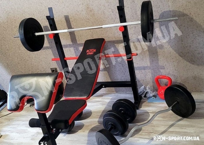 ТОП! Скамейка для жима ReadMeBlack + Штанга 83 кг, гриф W, гантели RN-Sport