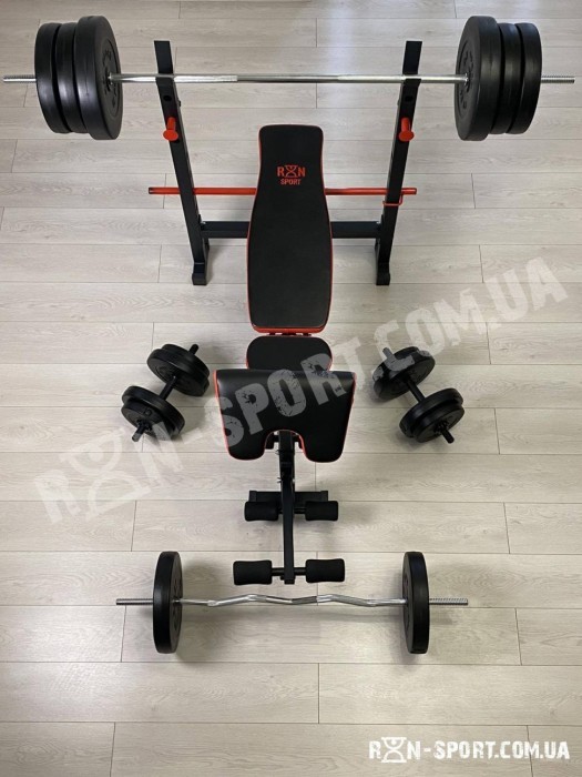 ТОП! Скамейка для жима ReadMeBlack + Штанга 83 кг, гриф W, гантели RN-Sport