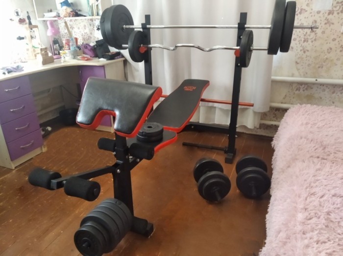 ТОП! Скамейка для жима ReadMeBlack + Штанга 83 кг, гриф W, гантели RN-Sport