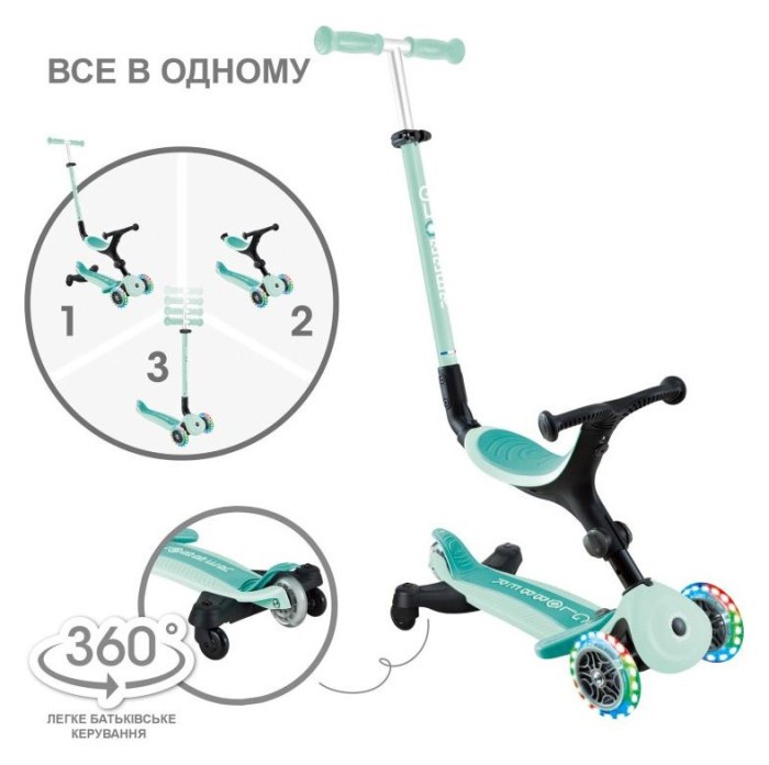Самокат GLOBBER серії GO UP ACTIVE 360 м'ятний, до 20/50кг, 1+, колеса світяться, укр, укр