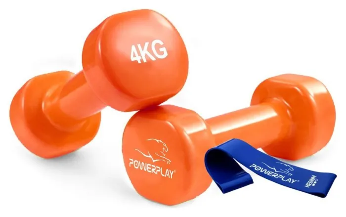 Гантели виниловые PowerPlay 4125 Achilles 2*4 кг. Оранжевые (пара - 2шт.) + Резинка для фитнеса 7,5кг