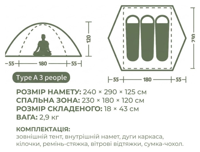 Палатка трехместная Naturehike Bleik Series Tent CNK2550WS038, зеленая